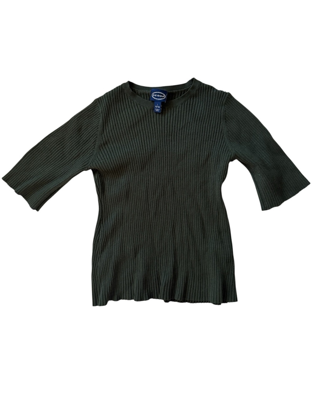 SCOOP Olive Green Ribbed Knit Top | Size L (12-14) | Fitted 3/4 Sleeve